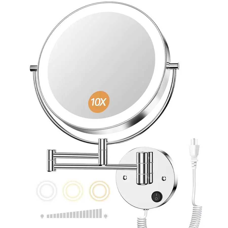 9 Wall Mounted Lighted Magnifying Mirror, 1X 10X Magnification DoubleSided LED Bathroom Mirror, 3 Color Lights amp Stepless Dimm