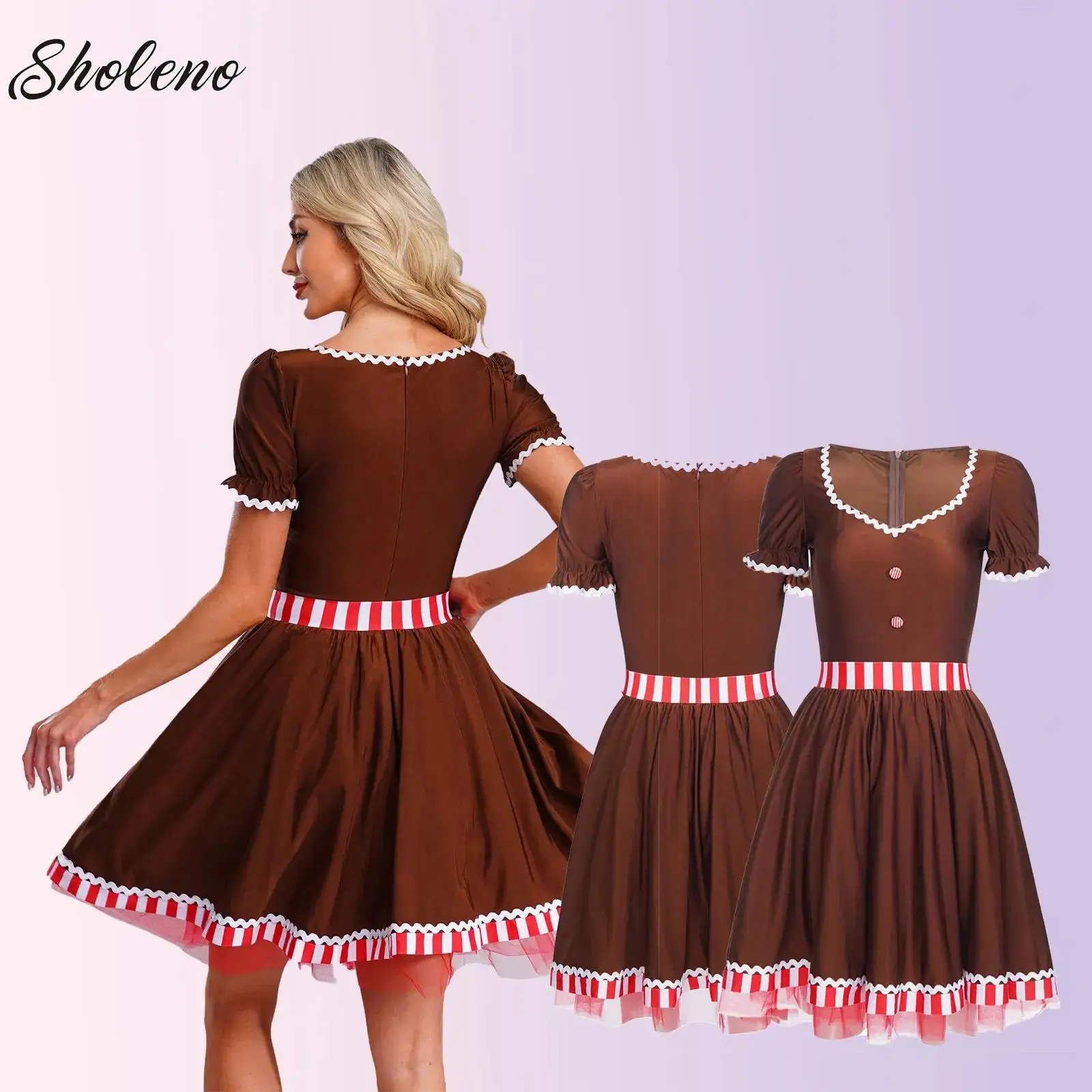 

Women Christmas Gingerbread Man Cosplay Costume Adults Candy Cane Figure Skating Ballet Tutu Dance Leotard Dress for Performance