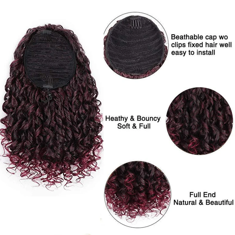 14inch Drawstring Ponytail Clip in Hair Extension for Women Short Kinky Curly Fluffy Pony Tail Ombre Brown Synthetic Hairpiece