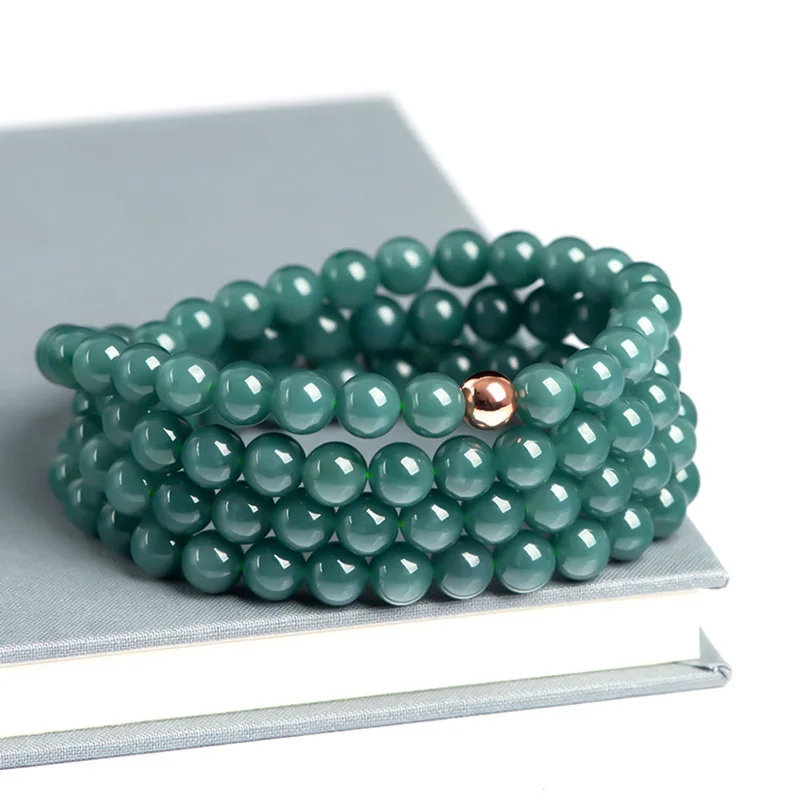 Natural A-grade jadeite blue 7mm necklace, jade three-loop bracelet, sweater chain women, 108 beads