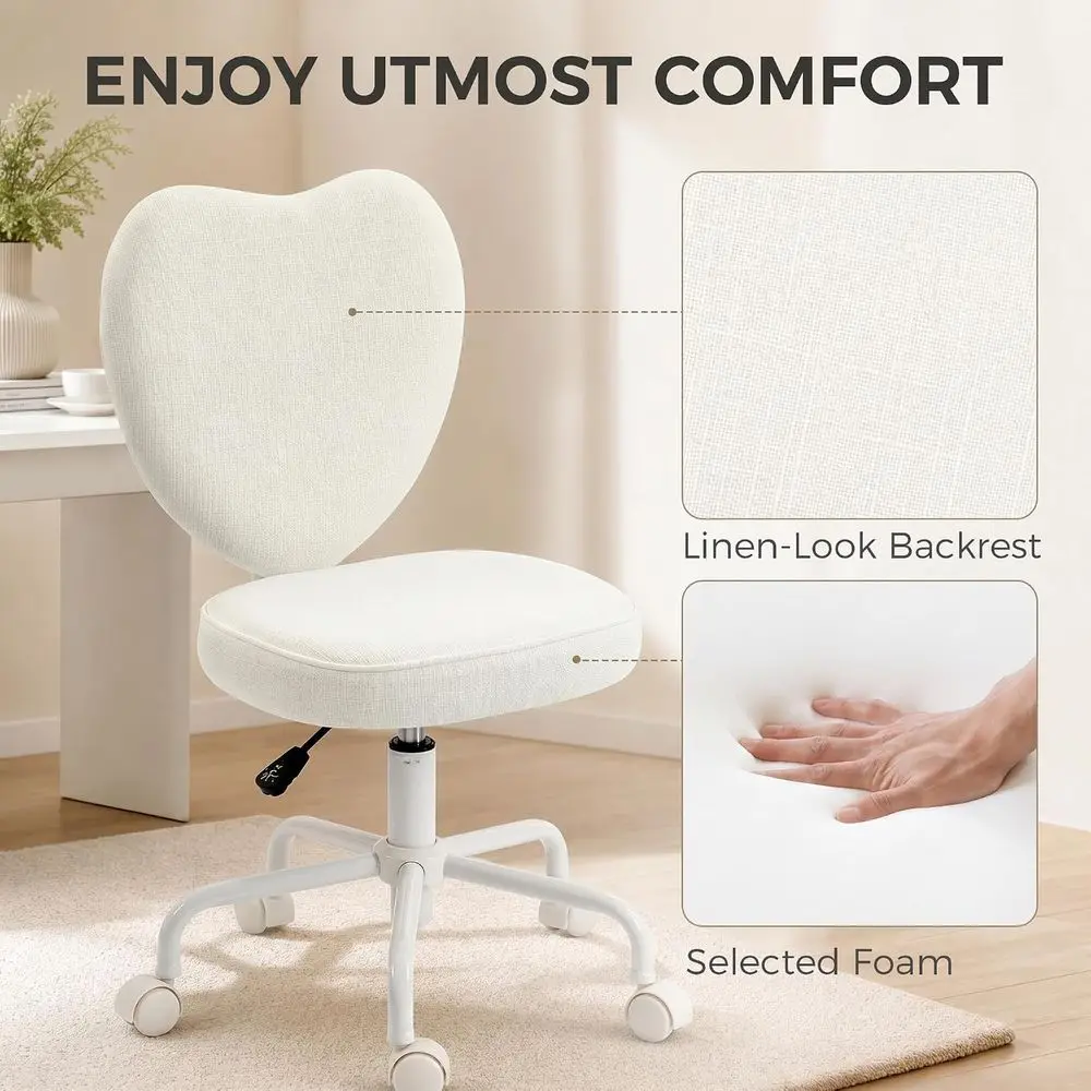 Office Chair, Fabric Makeup Vanity Chair with Heart Shape, Swivel Wheels, Height Adjustable, White view 4