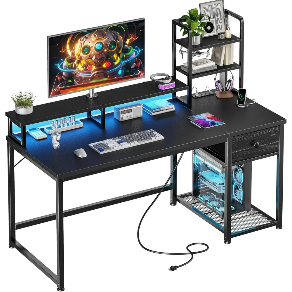Mesa de computador de 44 polegadas com gaiola e gavetas, mesa de jogos reversível com prateleira para monitor, mesas de escritório doméstico com tomada USB