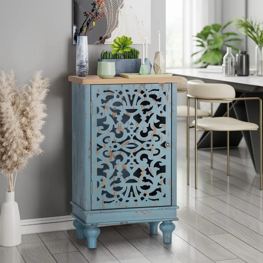 Small Accent Storage Cabinet with 1 Door, Farmhouse Hollow-Carved Floral Distressed Decorative Wood Cabinet Nightstand Side Tab