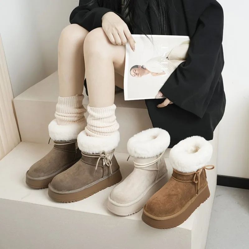 

Faux Fur Women Winter Snow Luxury Fluffy Fuzzy Warm Cozy Waterproof Platform Lace-up Mid-Calf Ski Boots 2026 New Hot