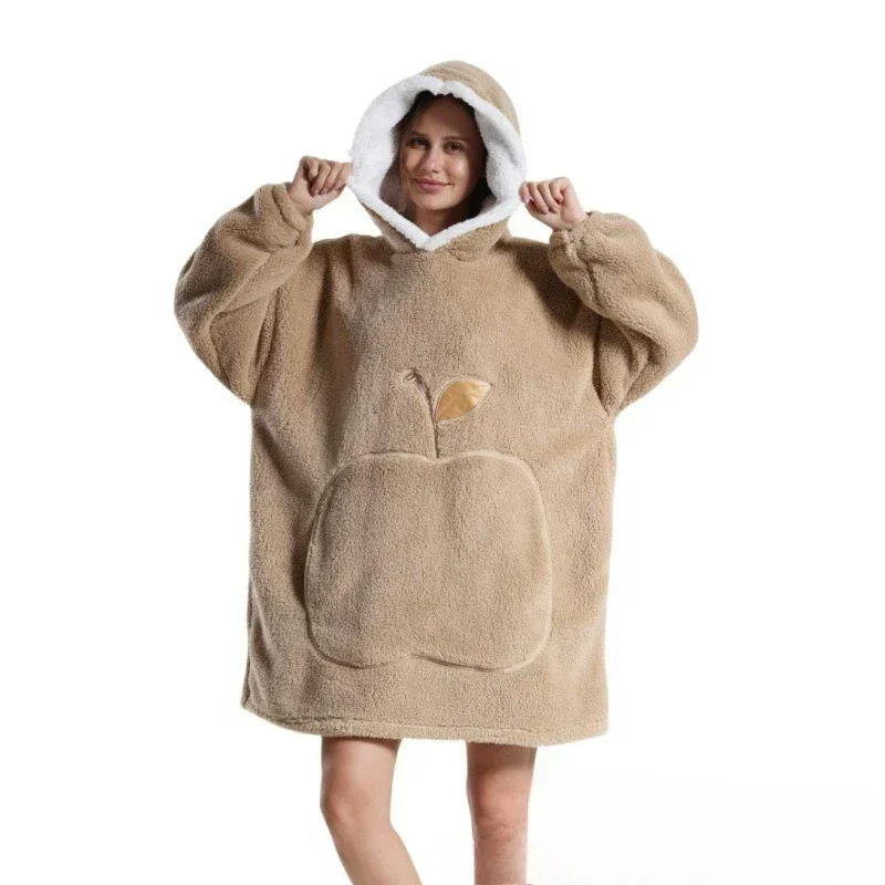 Fleece Women Loungewear Loose Long Sleeve Wearable Blankets Lazy TV Blanket Winter Nightgown Hooded Long Robe