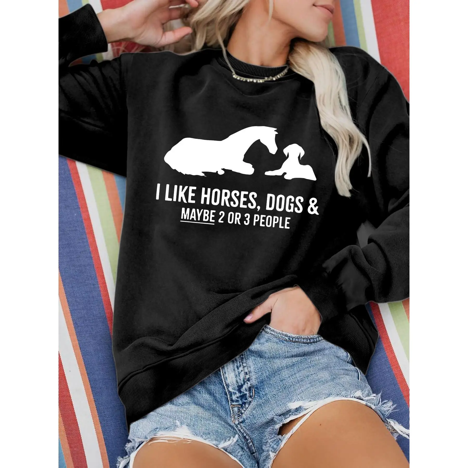 

Women's Funny Horse Dog Lover Sweatshirt | 'I Like Horses Dogs People' Humorous Pet Pullover | Sarcastic Animal Lover Gift Top