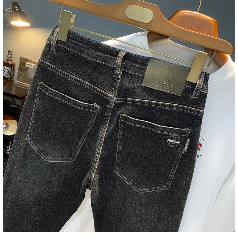 

Потертые черные джинсы, мужские осенние трендовые новые эластичные мужские брюки с вышивкой, маленькие брюки