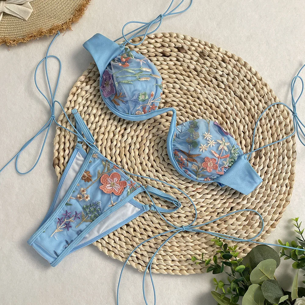 Beige Shiny Flower Embroidery Swimwear Thong Micro Push Up Bikini Set Sexy Swimsuit Women 2025 Bathing Suit String Bikinis Mujer