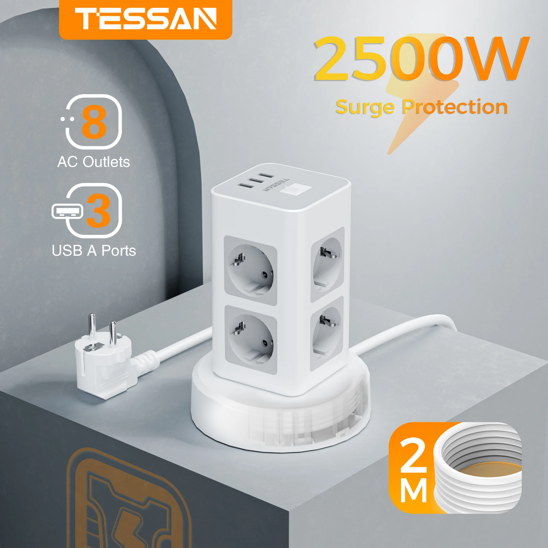 TESSAN Tower Power Strip with 2M Retractable Extension Cable Black Tower Distribution Socket for Home with Overload Protection