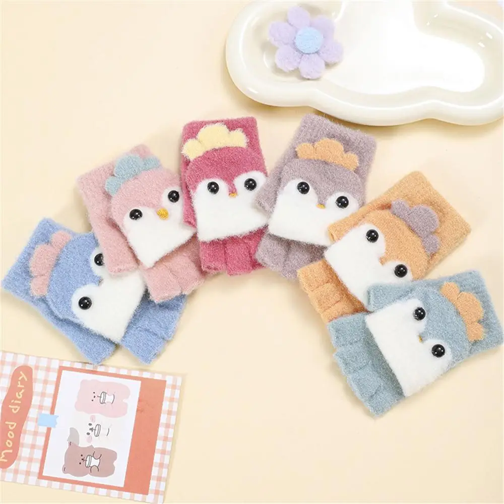 Cartoon Thick Plush Kids Winter Gloves Half Finger Flip Cover Soft Mink Fleece Student Mittens Warm Knit Gloves for Boys Girls