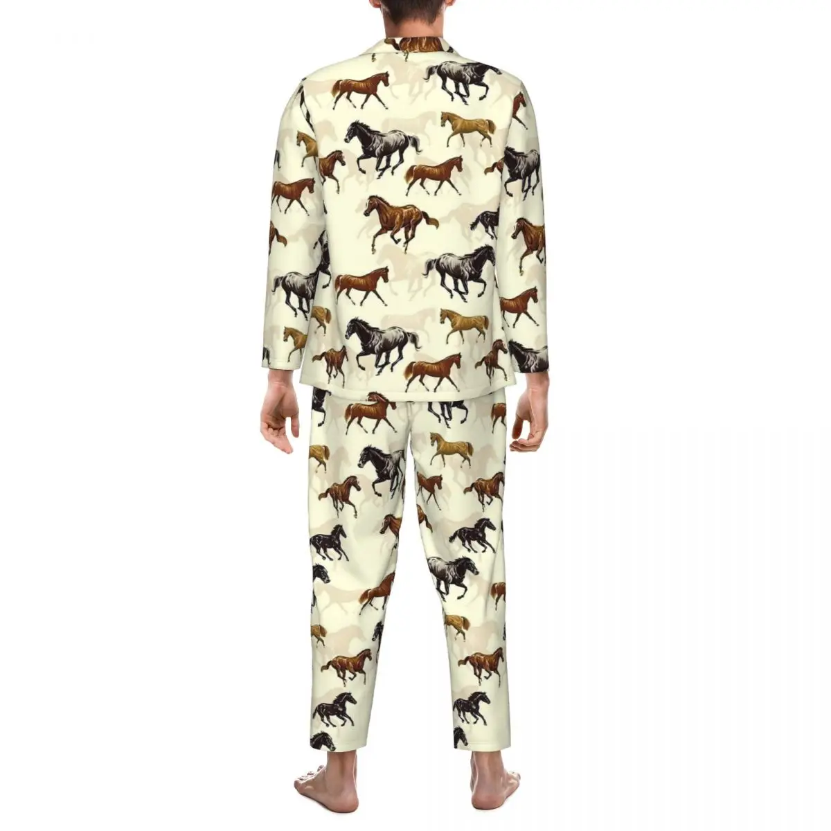 Pijamas homem cavalo pintura noite pijamas animal impressão 2 peças conjuntos de pijama casual mangas compridas quente oversized casa terno