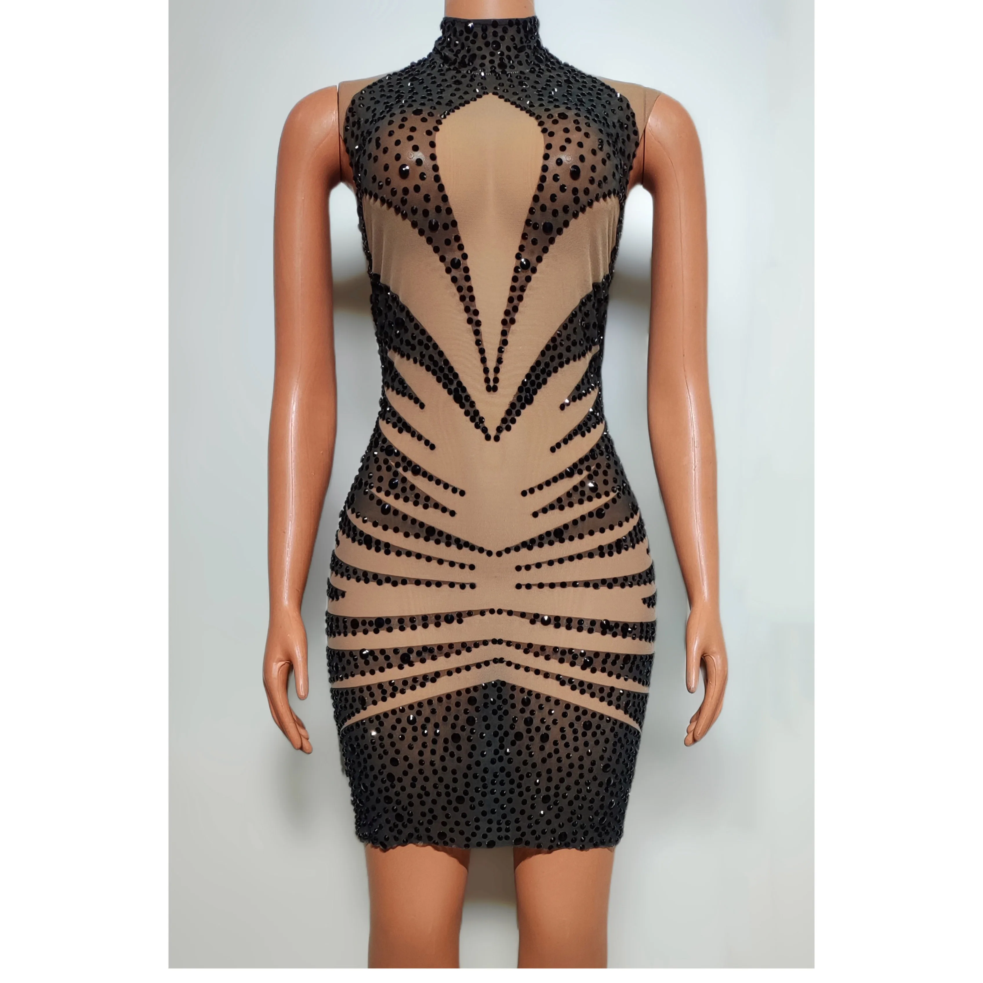 Black Glitter Nightclub Party Dresses Women High Collar Slim Dress Host Singer Stage Wear Sexy Gogo Dance Costume Female