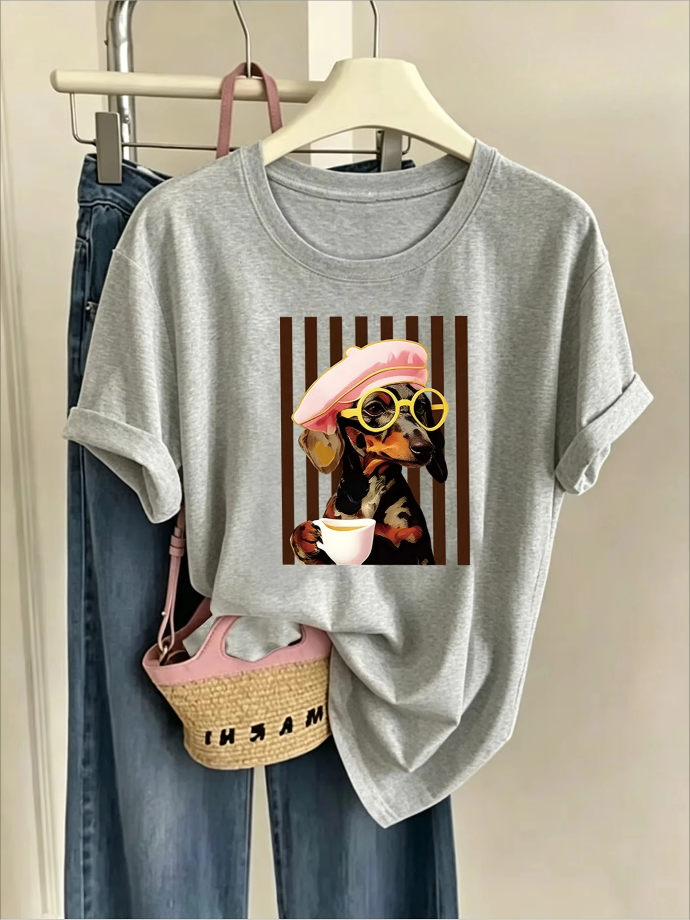 Beret Glasses Coffee Sausage Dog Vertical Stripe Cartoon Printed Women's T-shirt Casual Round Neck Top Summer Travel Daily Style