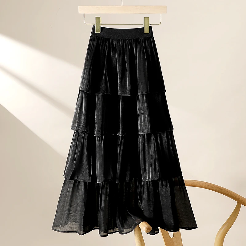 Glimmende Tule Taartrok Dames Halflange A-lijn Geplooide Hoge Taille Meerlaagse Parelwitte Rok voor de zomer