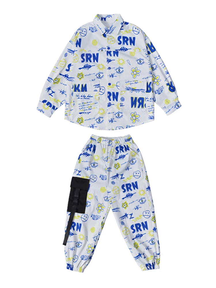 Mode Weiß Hip Hop Kostüm Für Kinder Straße Tanzen Leistung Outfit Jungen Lose Trainingsanzug Mädchen Jazz Dance Kleidung BL10035