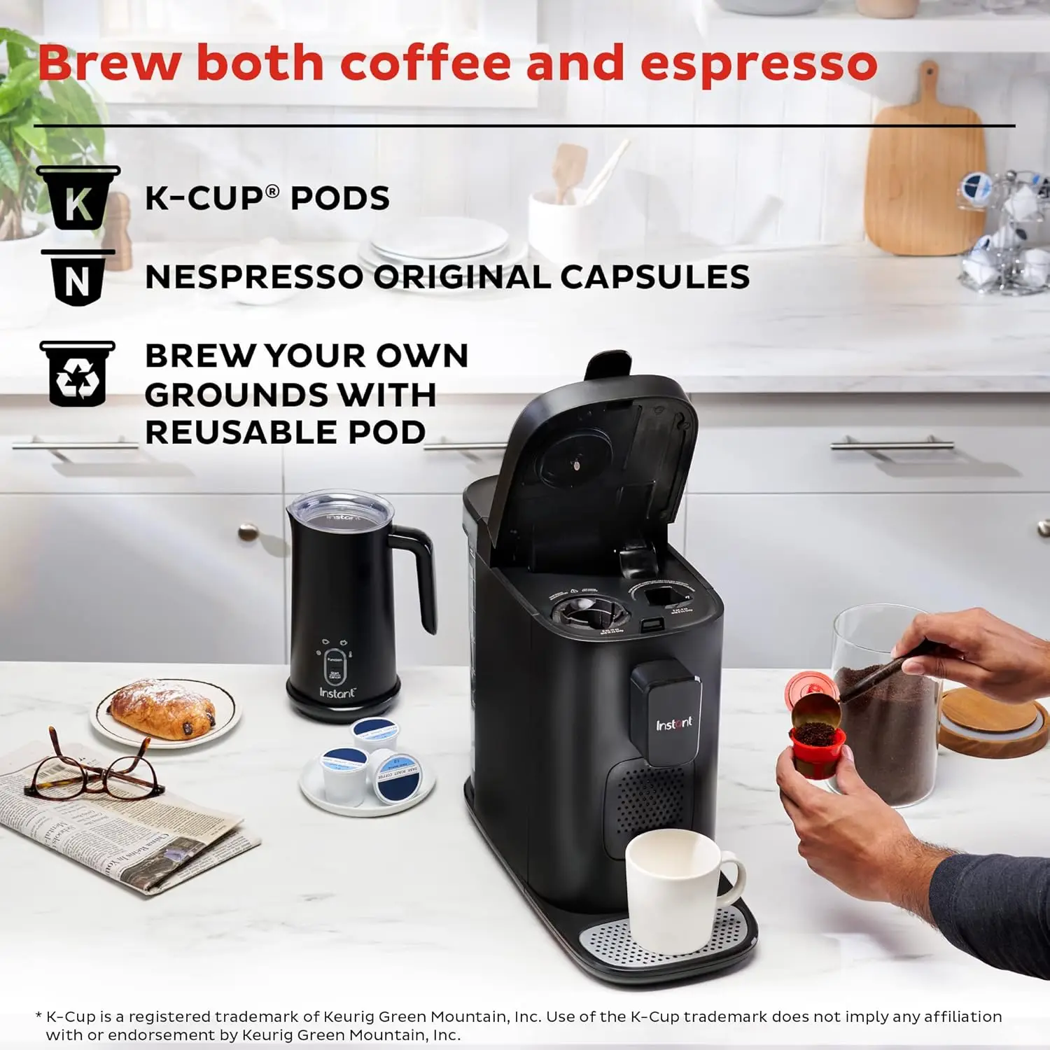Macchina per caffè espresso 3 in 1, cialde K-Cup e caffè macinato, dai creatori di cialde istantanee con cialde di caffè riutilizzabili per caffè macinato