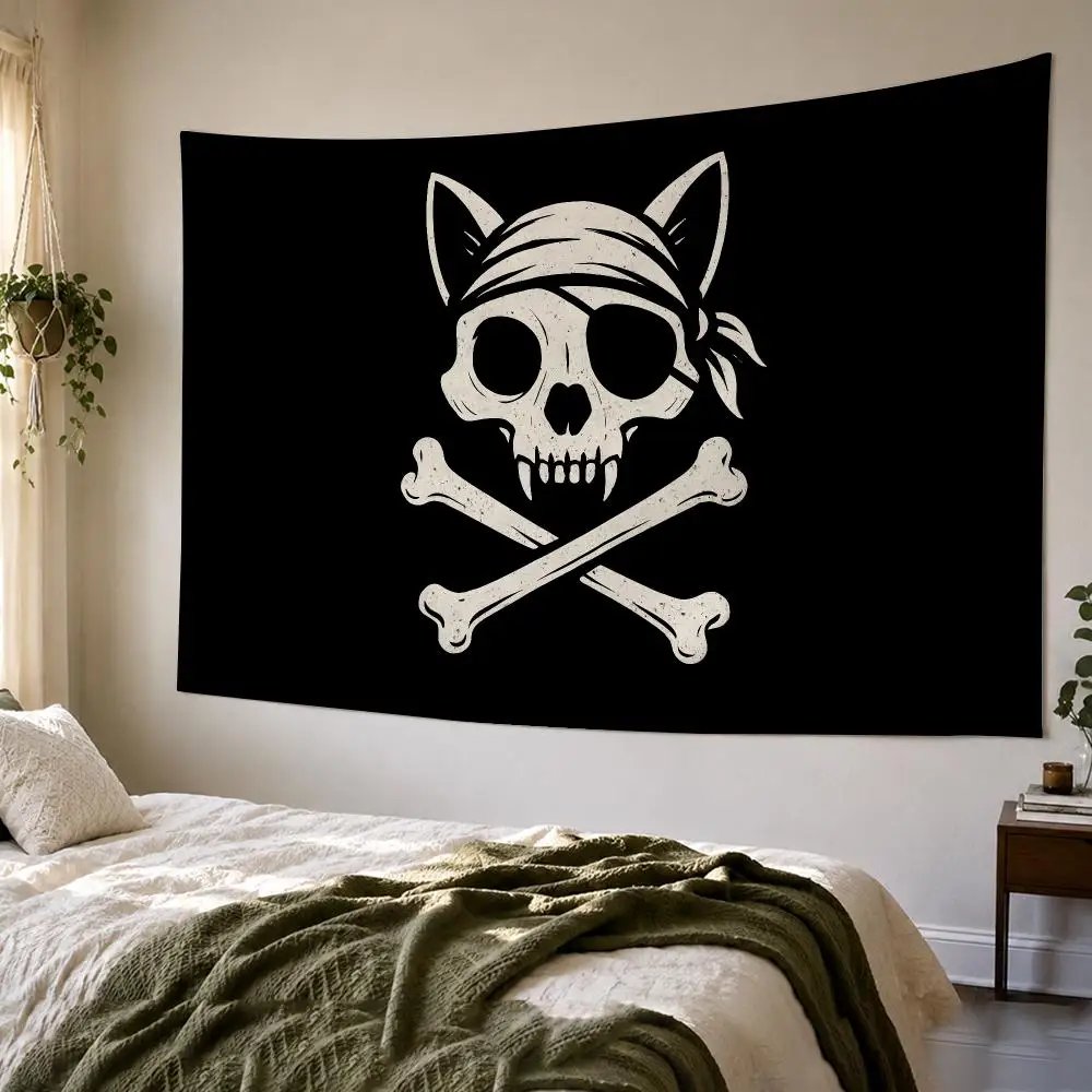 Cat Pirate Skull Design Tapestry Bedroom Living Room Bar Party House Home Dorm Interior Wall Decor Background Banner