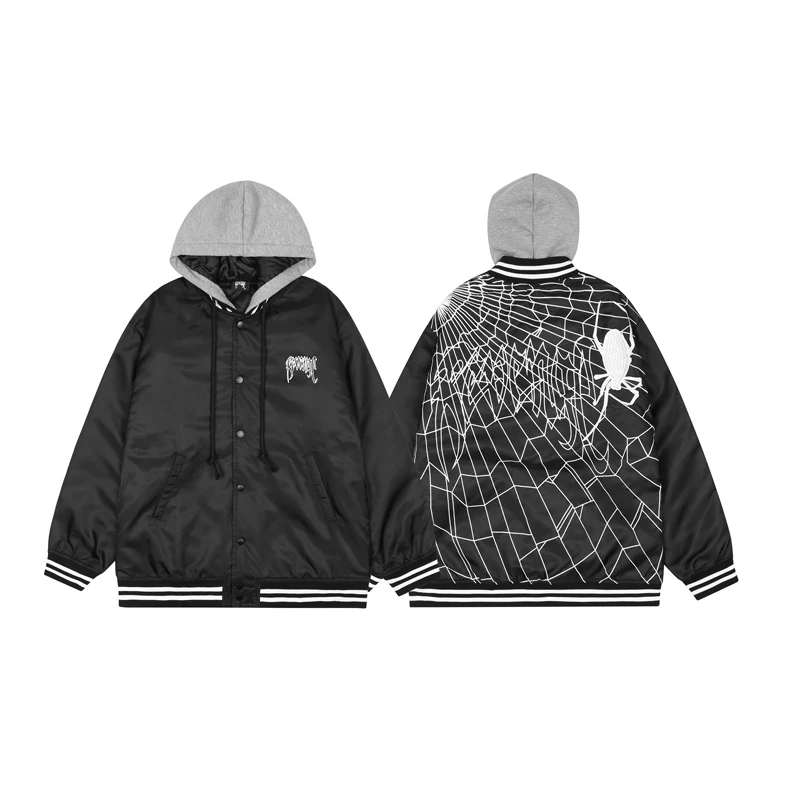 

loween Spider Web Embroidery Jaet Baseball Sle Hooded Cotton Coat Youth Faion Casual Loose Fit Zipper Closure