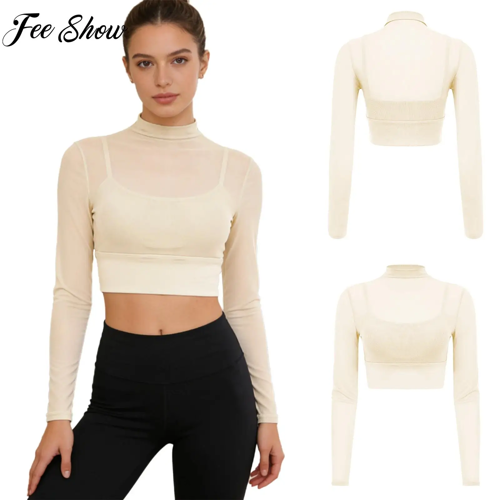 

Adult Women Sheer Mesh Gym Workout Tops Long Sleeves Crop Top with Built-in Padded Camisole Yoga Pilates Sports Running Clothing