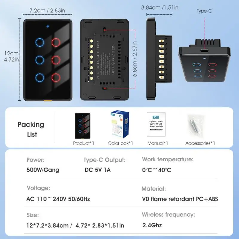 Tuya Smart Home Беспроводной Wi-Fi RF433 Настенный сенсорный переключатель США 110-240 В Тип-C Голосовое приложение 6Gang для Alexa, Google Home