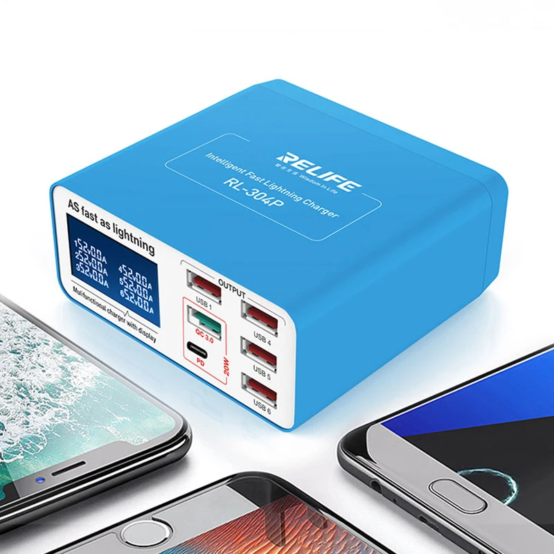 100V-240V PD3.0+QC3.0 Intelligent 6-Port Digital Display Fast Charger for iPhone Samsung Huawei Tablet Phone Repair Tools