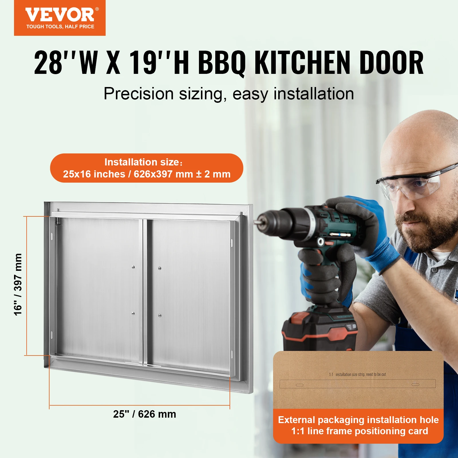 VEVOR BBQ Access Door 28W x 19H In Double Outdoor Kitchen Door Stainless Steel Flush Mount Door Wall Vertical Door with Handles