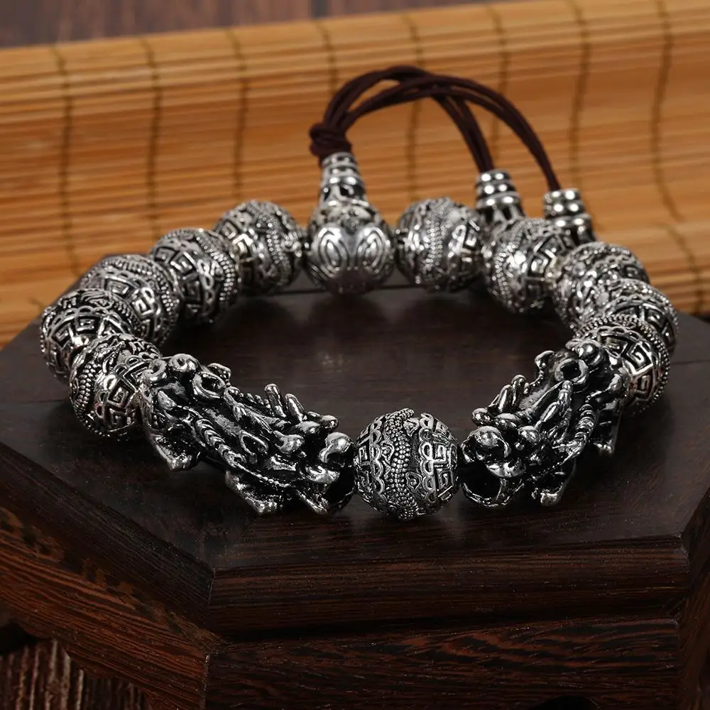 Unisex Alloy Silver‑Plated Beaded Bracelet, 3D Carved Pixiu & Dragon Pattern Retro Punk Fashion Bangle For Men Women