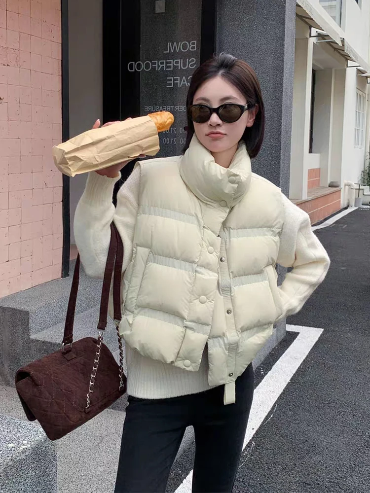 

Autumn Winter Solid Stand Collar Puff Down Vest Women White Duck Down Sleeveless Vest Female Single Breasted Waistcoat Outwears