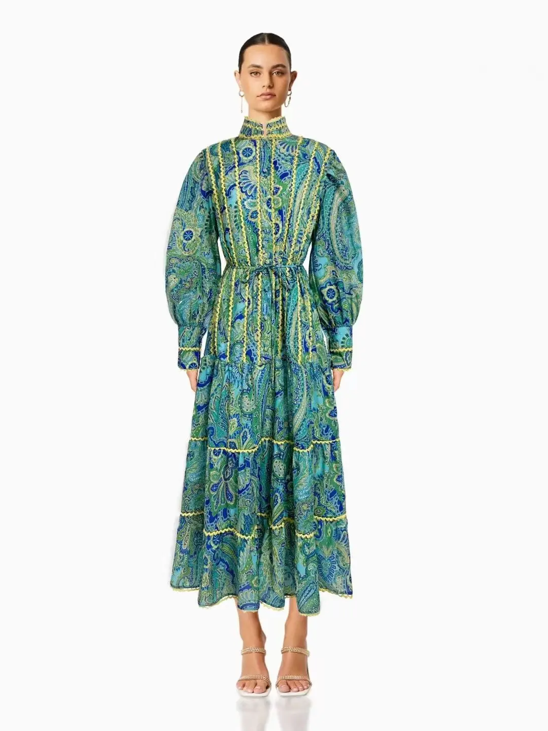 

Autumn Temperament Vintage Style Lotus Leaf Edge Short Dress Women's New Lantern Sleeve Printed Long Sleeved Midi Dress G864