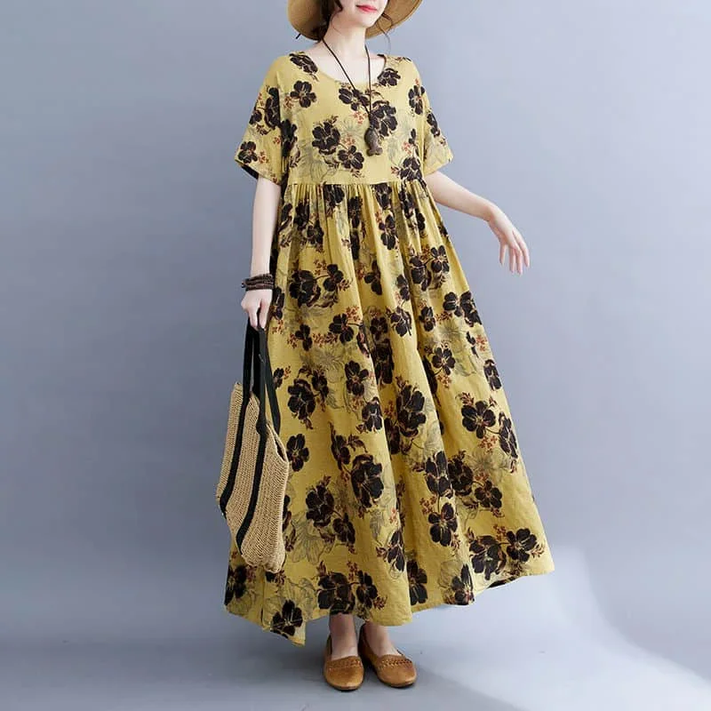 Women Dresses Cotton Linen Oversized Vintage Floral Short Sleeve A-line Loose Korean Style Mid-Calf Dress for Women Clothing