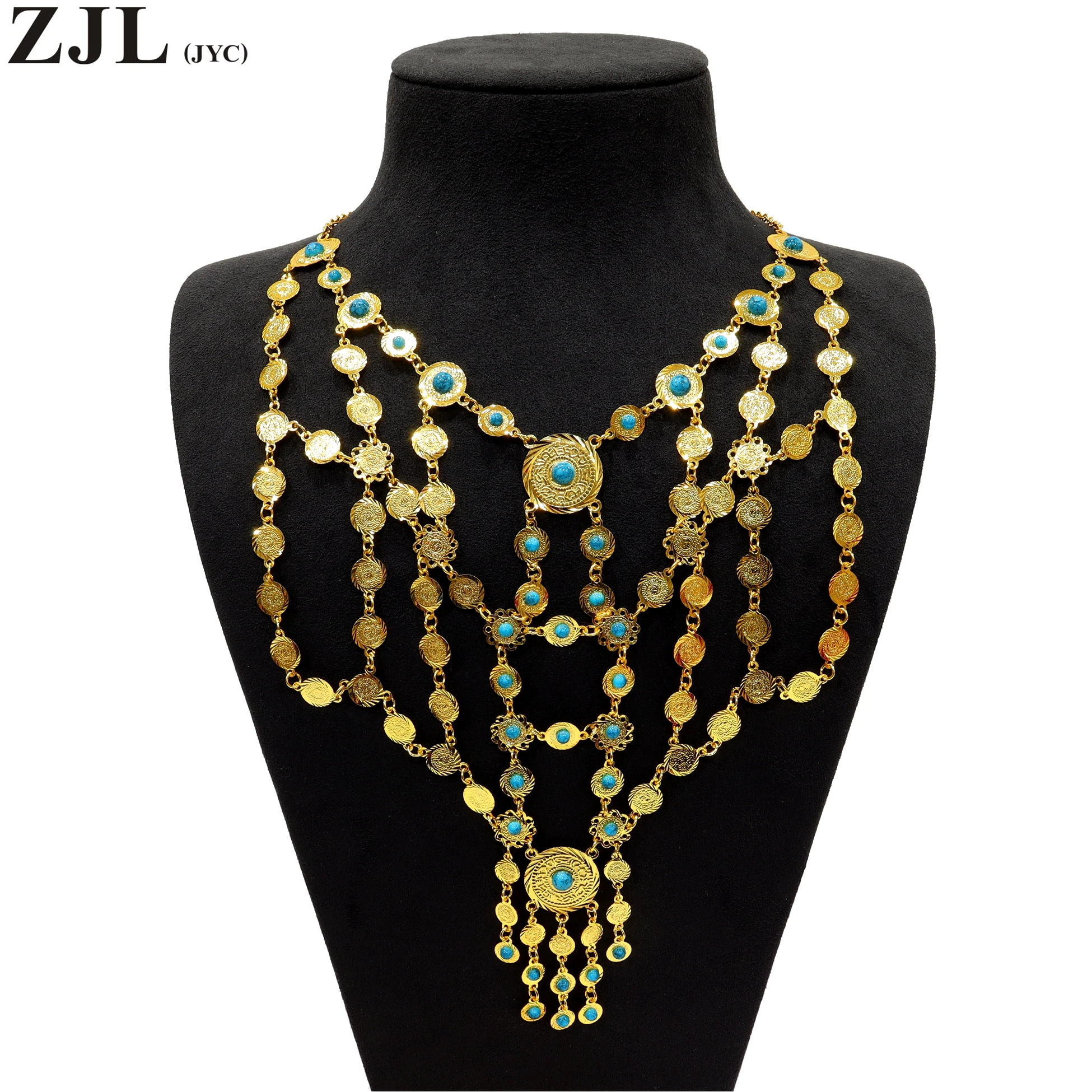 Ensemble de bijoux incrustés de turquoise pour femme, collier, boucles d'oreilles, bracelet, bague, plaqué or 18 carats, match 03, tenues, accessoires de fête, 5 pièces