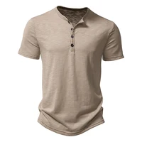 Camisetas informales de manga corta con botones para hombre, ropa informal estilo Hip Hop, cuello Henry, Color sólido, moda de verano