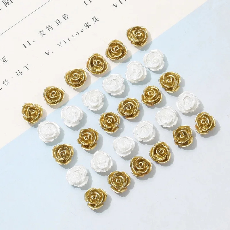 30 pz 11mm Sparkle Shiny Gold Pearl Resin Rose Flower Flatbacks artigianato fai da te abbellimento Cabochon per Scrapbooking Cardmaking