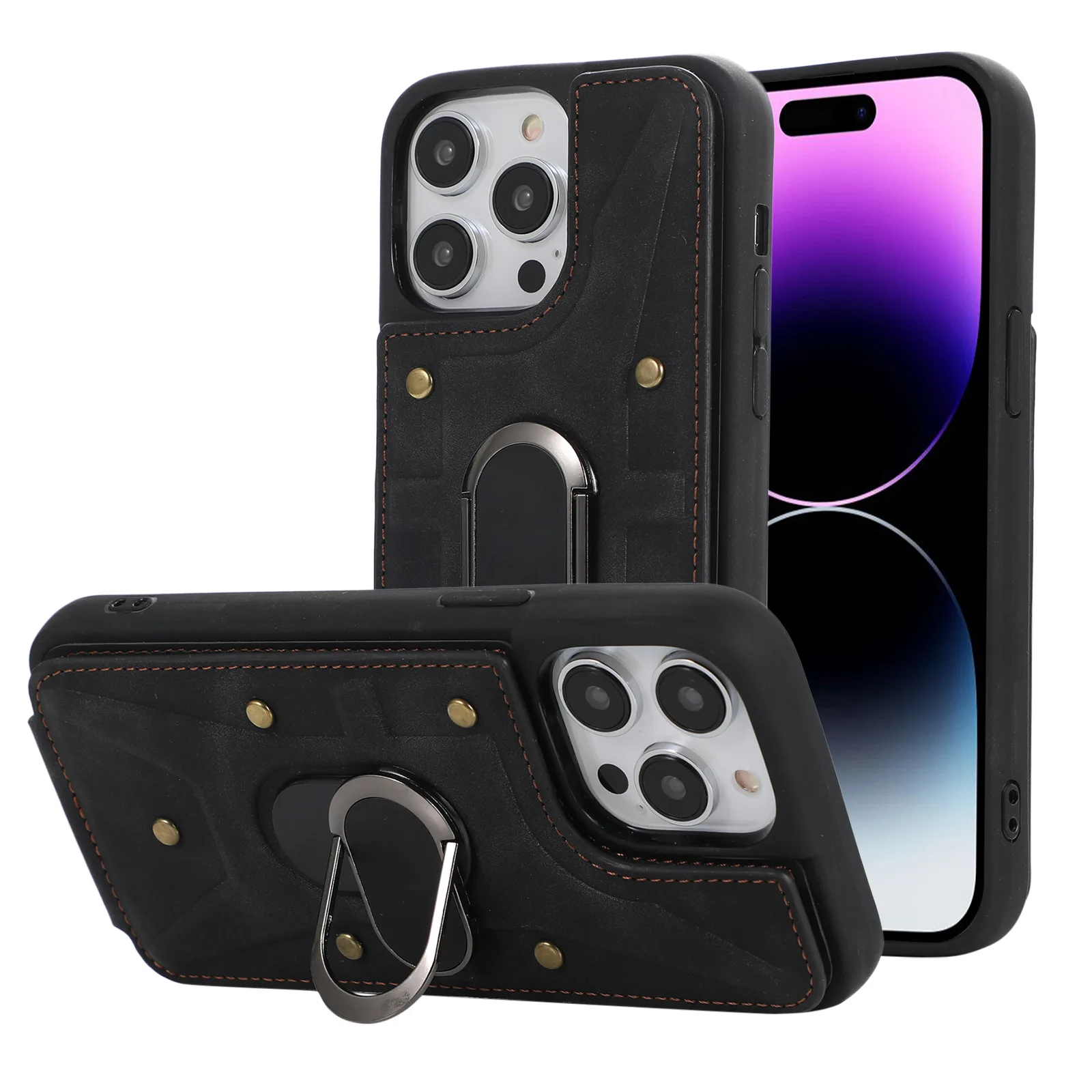 

360 Degree Rotation Magnetic Car Ring PU Armor Leather Phone Case for iPhone 15 14 13 12 11 Plus Pro Max Shockproof stand Cover