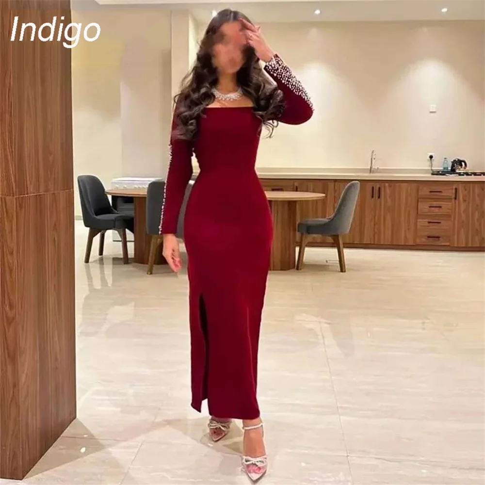 

Indigo Prom Dress Mermaid Long Sleeve Beading Ankle-Length Square Collar Split Formal Party Evening Gown For Women فساتين السهرة