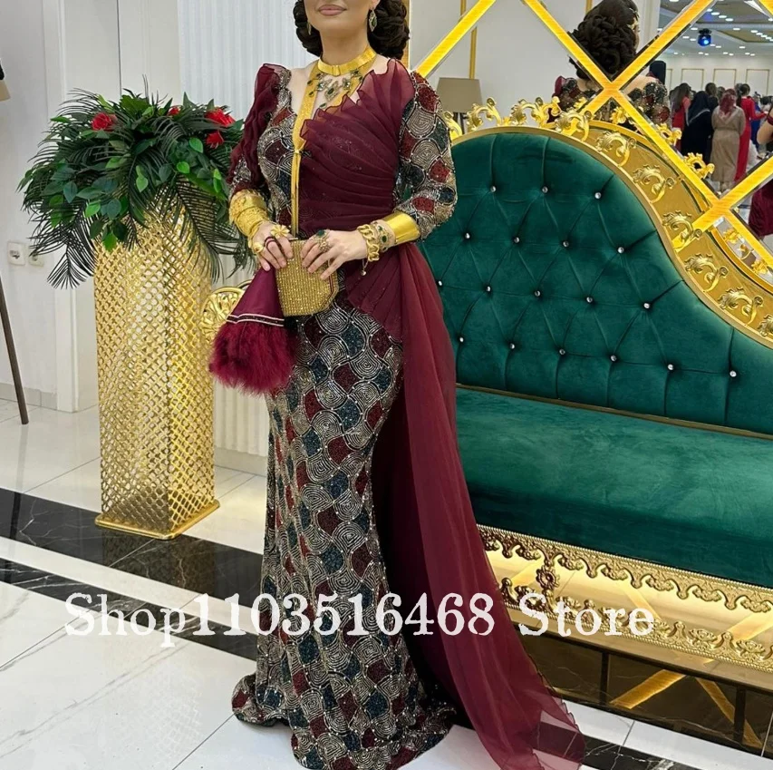 Middle Eastern Muslim Ball Gown Square Stitching Tulle Embellishment Evening Dress Wedding Party Formal Occasion Customized