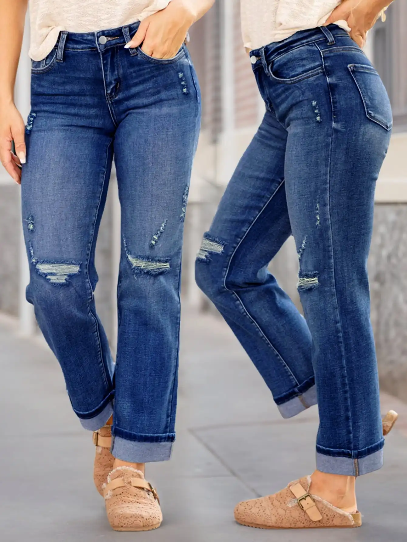 

Women's Slim Fit Ripped Dark Blue Jeans - Stylish Distressed Denim Pants for a Trendy Look