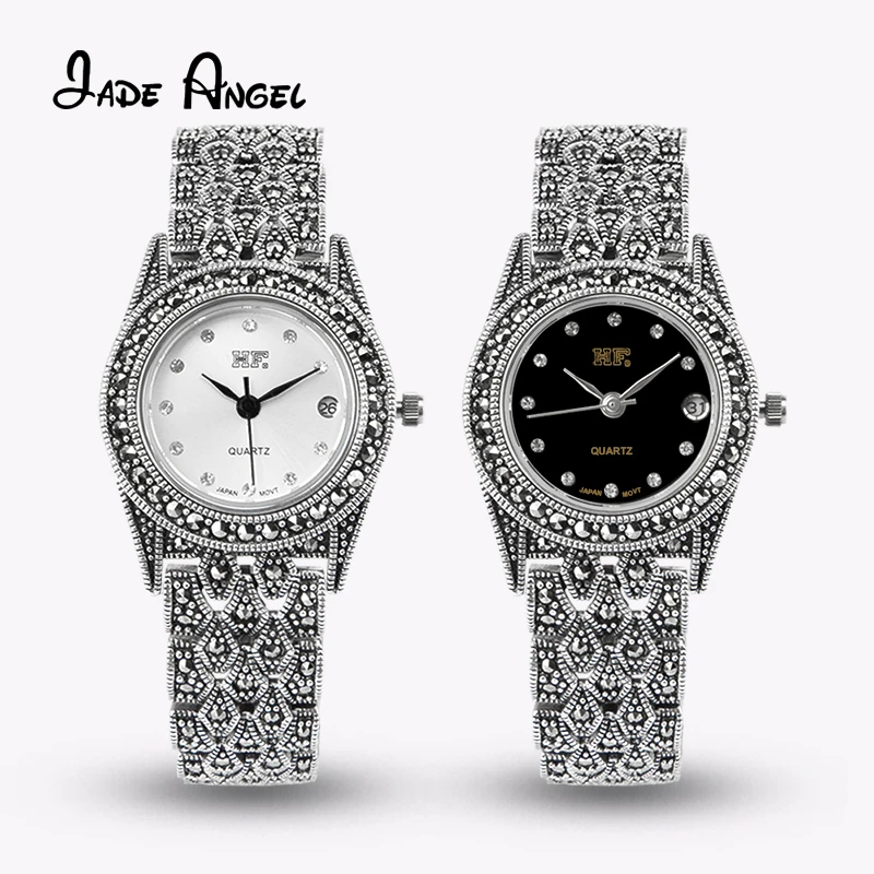 JADE ANGEL 925 Sterling Silver Wrist Watch Elegant Marcasite Bracelet for Women Festival Party Fine Jewelry Anniversary Gift