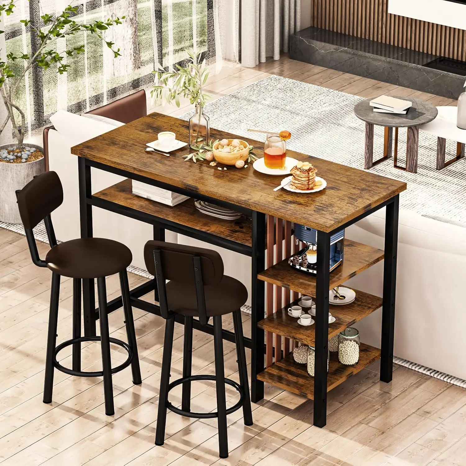 Conjunto de jantar com altura de balcão - mesa de bar e 2 bancos estofados com prateleiras de armazenamento, conjunto de pub de cozinha para café da manhã