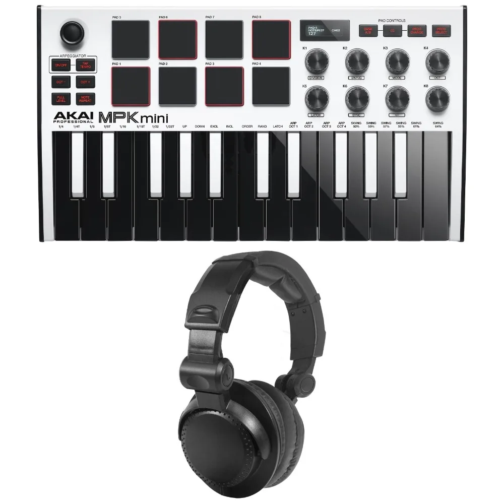 وحدة تحكم بلوحة مفاتيح MPK Mini MKII MK3 بيضاء مكونة من 25 مفتاحًا USB MIDI مع سماعات الرأس