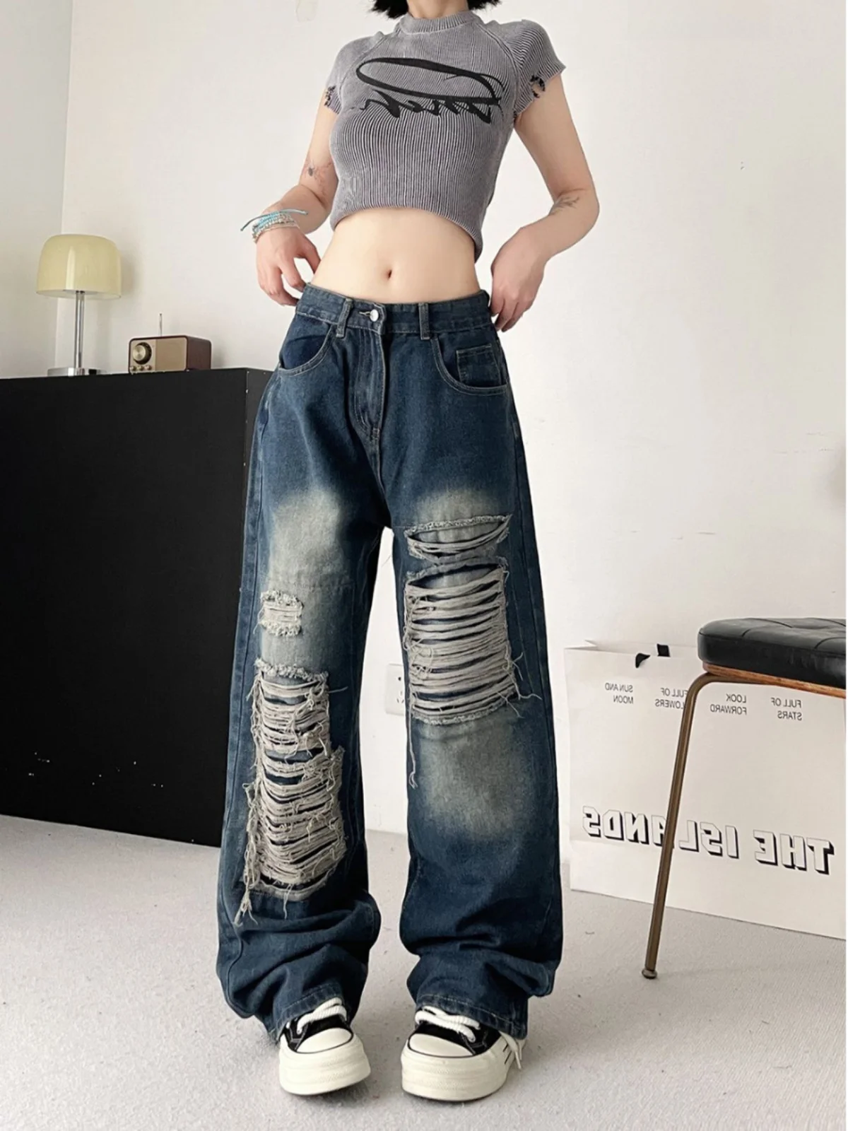 

Женские джинсы в стиле ретро High Street American Sle с лоскутным дизайном с отверстиями, свободные прямые длинные брюки, джинсовые синие