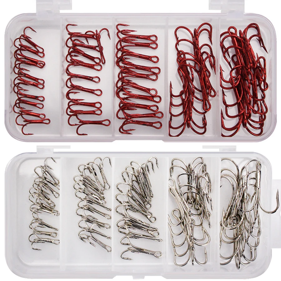 Ami da pesca tripli Ami da pesca tripli spinati ad alto tenore di carbonio Super Sharp Taglia 2 4 6 8 10 Amo da pesca 2 scatole / 100 pezzi con scatola per attrezzatura