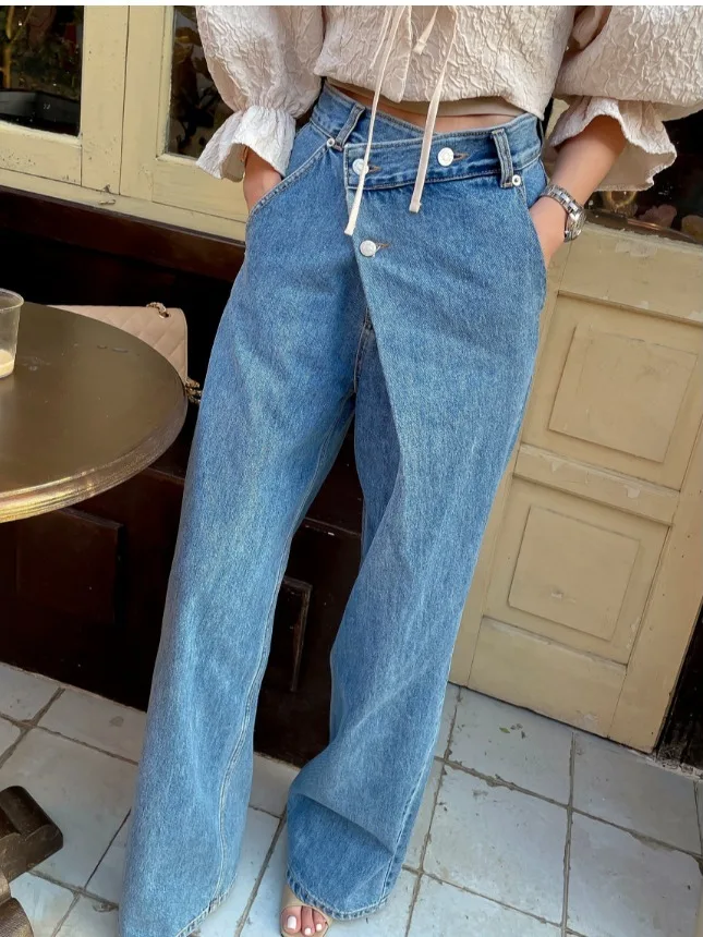 Retro High Waist Wide Leg Jeans Women's Pants Asymmetrical Buckle Design Versatile Long Trousers Chic New Style Denim