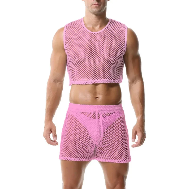 Mens Clothes Set Transparent Fishnet Crop Tops Sexy Mesh Hollow Out Tank Tops Mini Vest With Loose Shorts Male Dance Club Suit