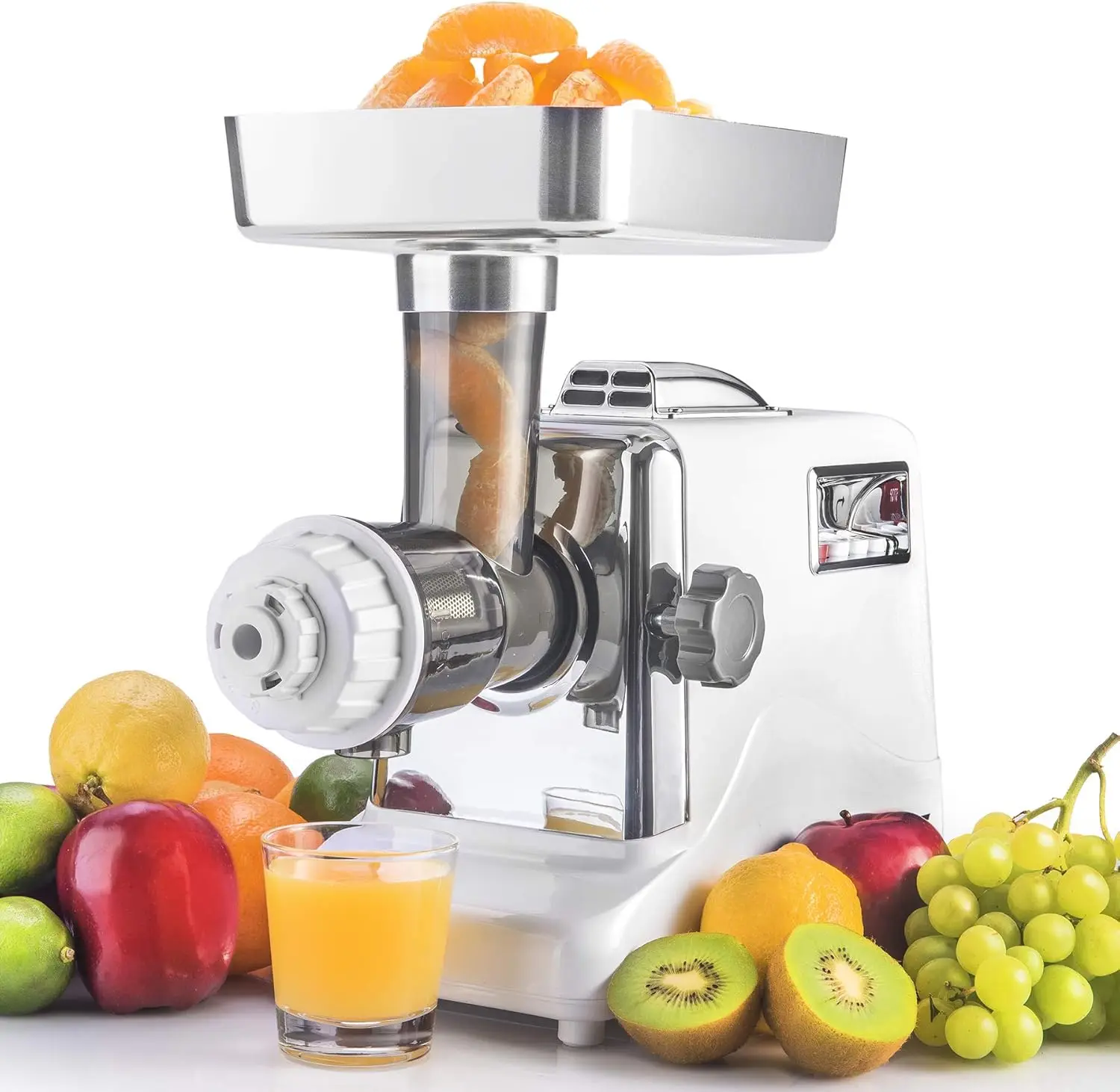 

Powerful Air Cooled 7-In-1 Electric Meat Grinder w/Foot Pedal • Cold Press Juicer • Sausage Suffer