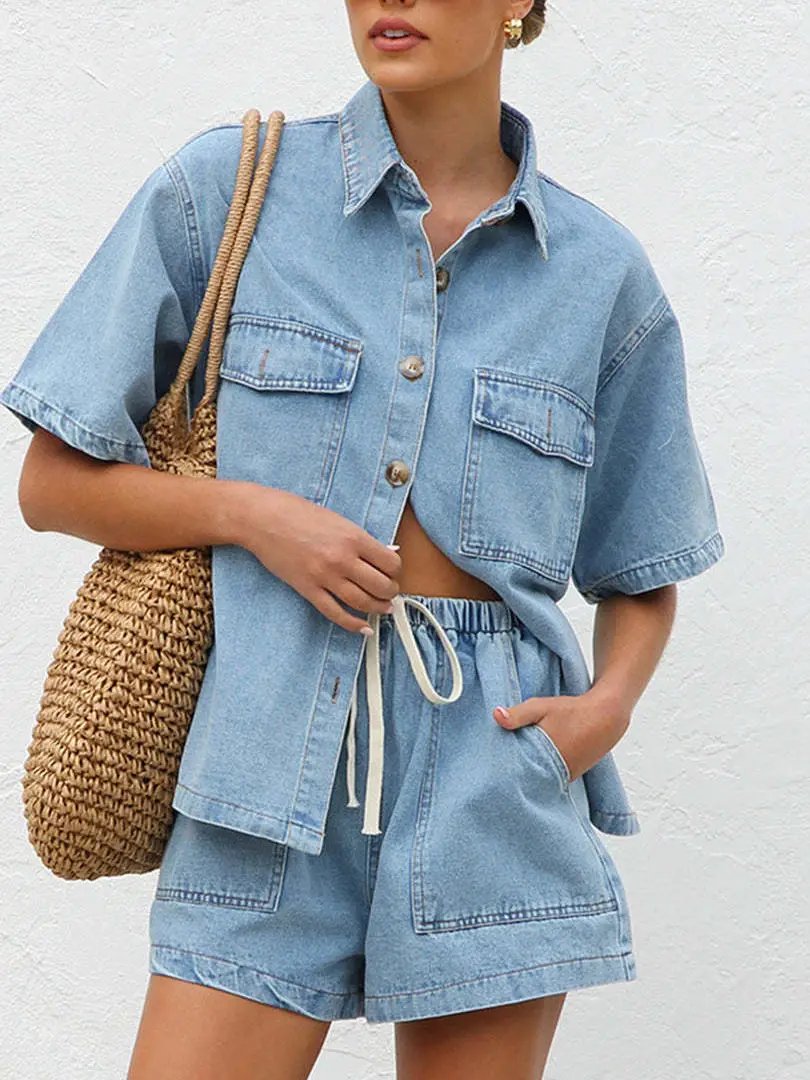 طقم نسائي من قماش الدنيم irt and orts ort Sve عالي الخصر مستقيم الساق Faion صيفي غير رسمي مكون من قطعتين