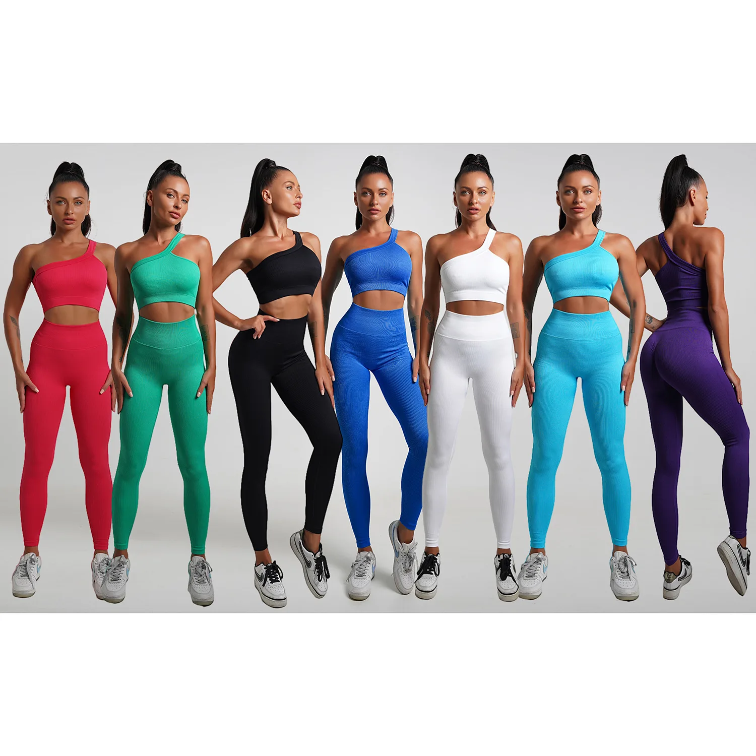 Seamless Yoga Leggings Suit Set Solid Color Fitness Top Oblique Shoulder Bra Sports High Waist Tight Lifting Hip Yoga Pants