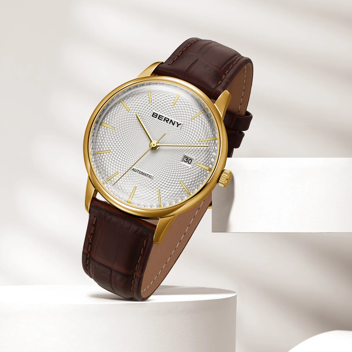 BERNY Automatikuhren für Herren, luxuriöse klassische mechanische Herrenuhr, gewölbtes Glas, Kalender, elegante, schlanke Armbanduhr – Detail 16