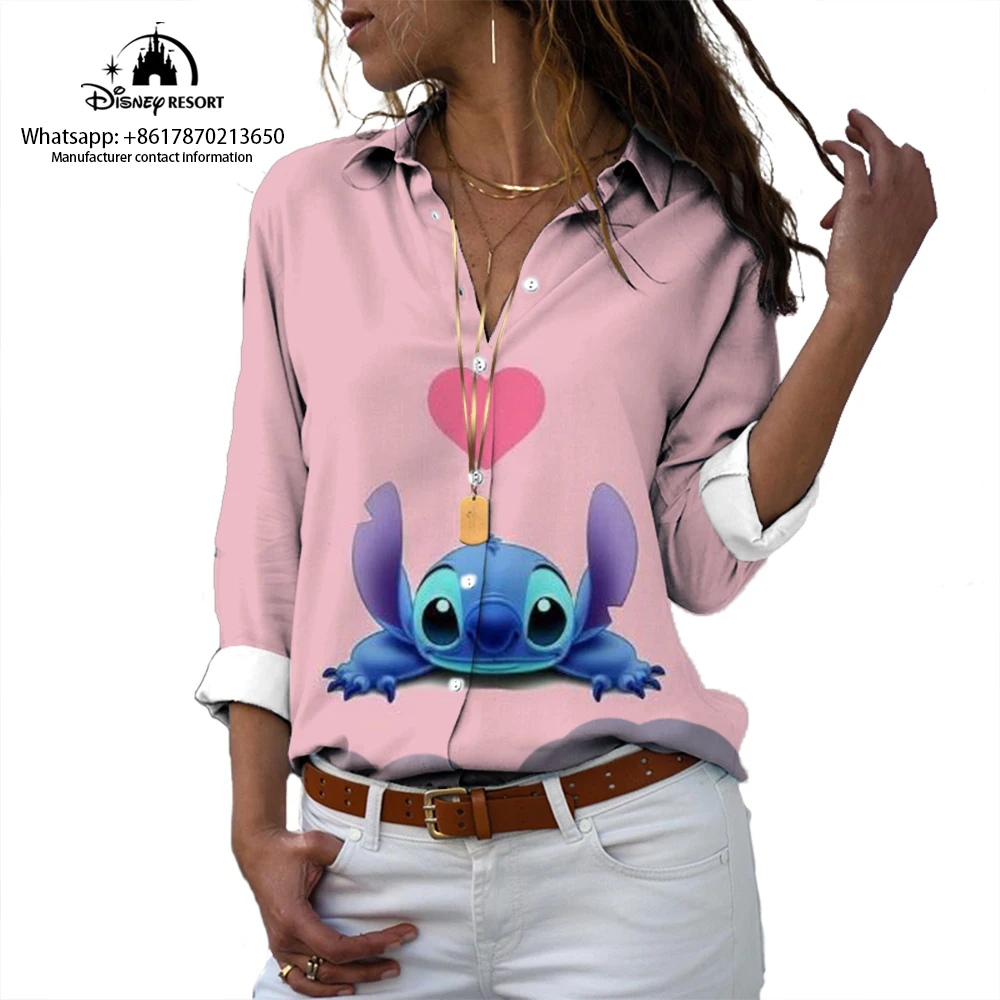 New Marie Cat Cartoon Fashion Harajuku Lapel Long Sleeve Single Breasted Shirt Lilo and Stitch Anime Print Casual Shirt 2K