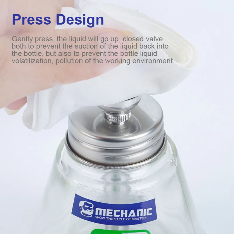 MECHANIC Glass Solution Distributor with Anti-Corrosion Pump Alcohol Bottle Durable Storage Container for Electronics Lab Beauty